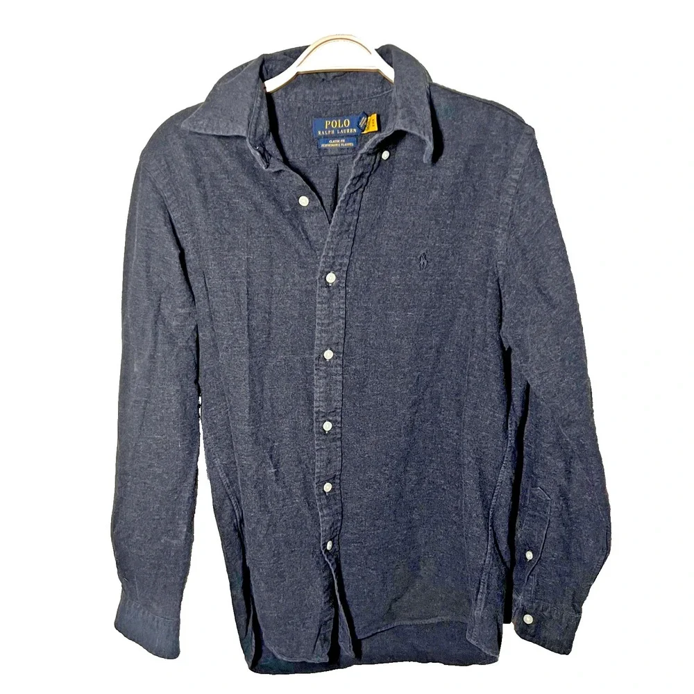 Polo‎ Ralph Lauren Flannel Button Up Shirt Mens Medium Gray Classic Performance